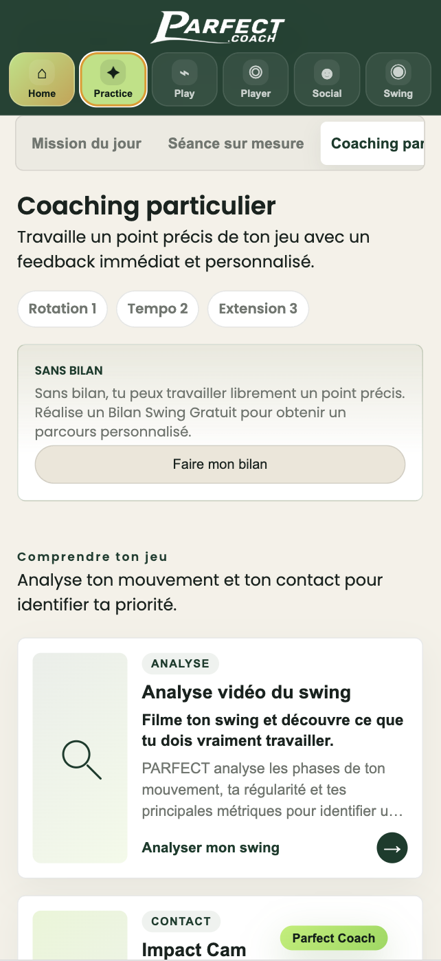 Écran Practice